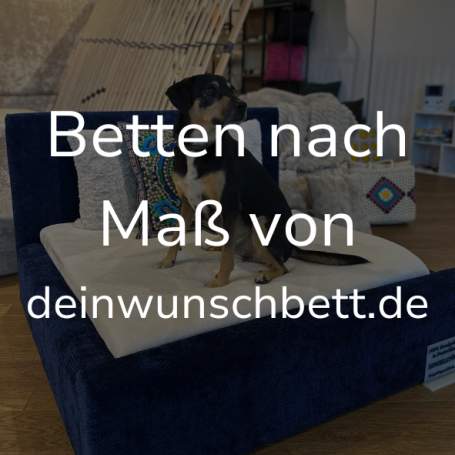 Link zur Seite "Hundebetten nach Maß". Auf dem Bild: Ein schwarz weißer Hund liegt auf einem blauen Hundebett.