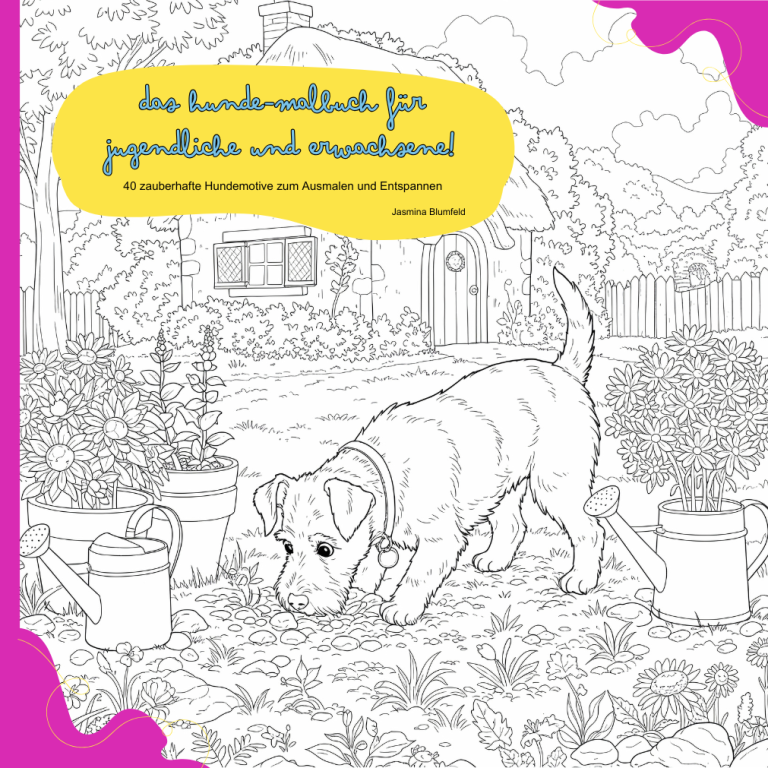 Titelbild Malbuch mit Hundemotiven Ein Hund erkundet einen Garten mit Töpfen und Pflanzen. Illustratives Ausmalbild.