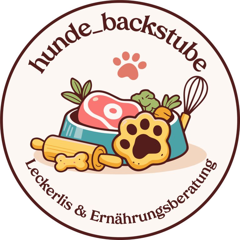 Logo der "hunde_backstube" mit Futter in Schale, Leckerchen in Pfotenform und Backutensilien.